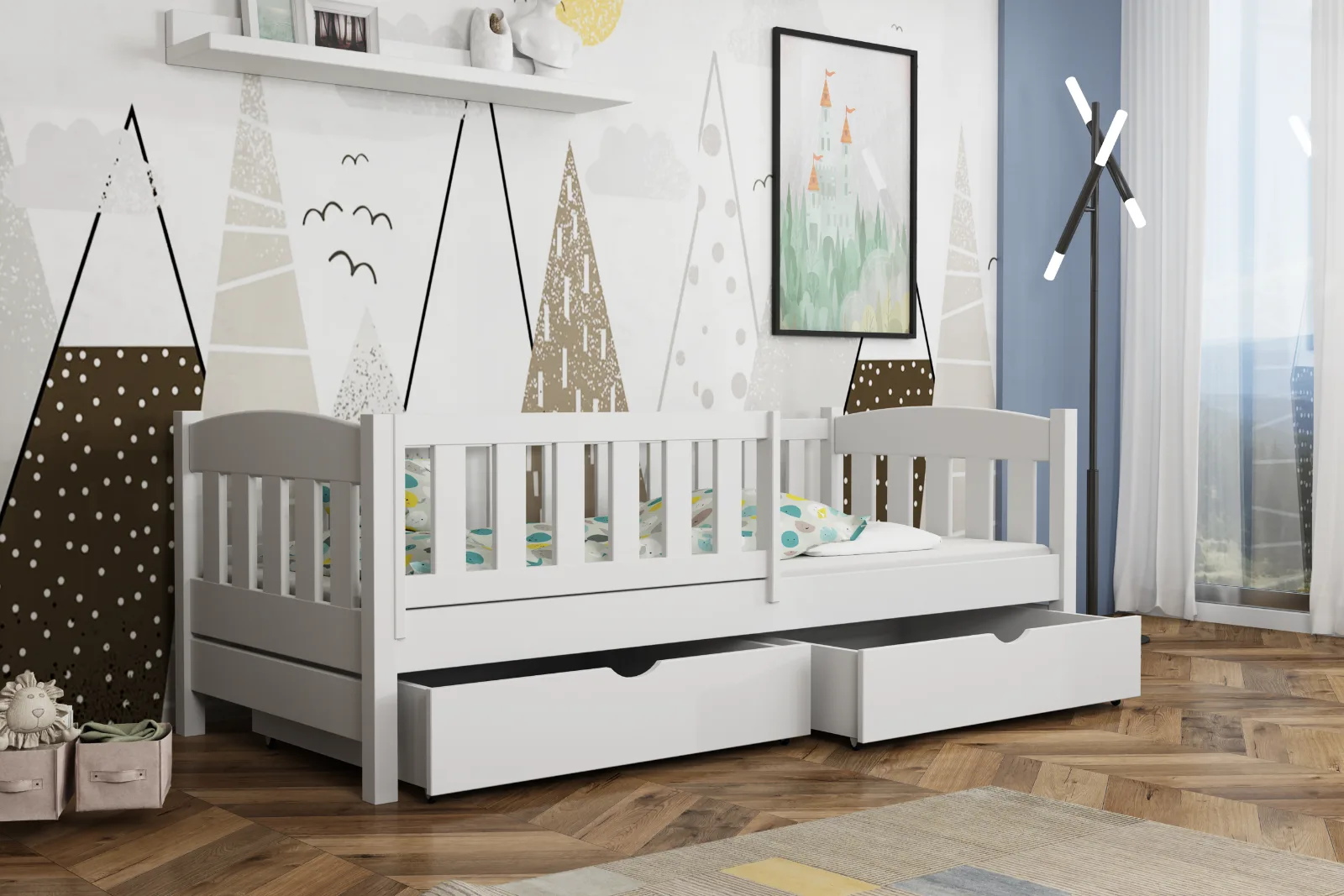 Bambi 90×200, białe , + barierka, + szuflady